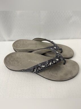 Vionic Lucia Sandals Size 10 Gray Snake Print Jewelled Embellished Thong
